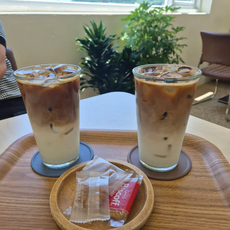 테이블 위에 놓인 라떼 두 잔과 로투스 과자
