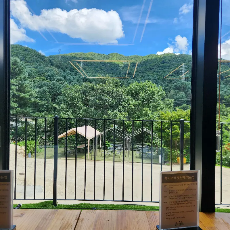 창밖으로 보이는 푸르른 산 풍경