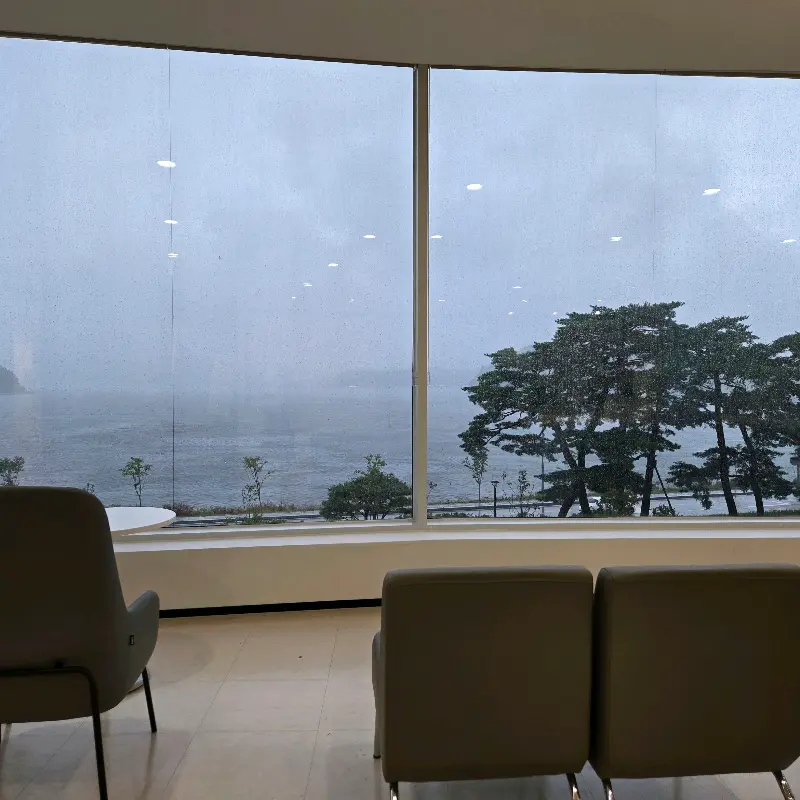 통창으로 보이는 흐린 날의 화진포 호수