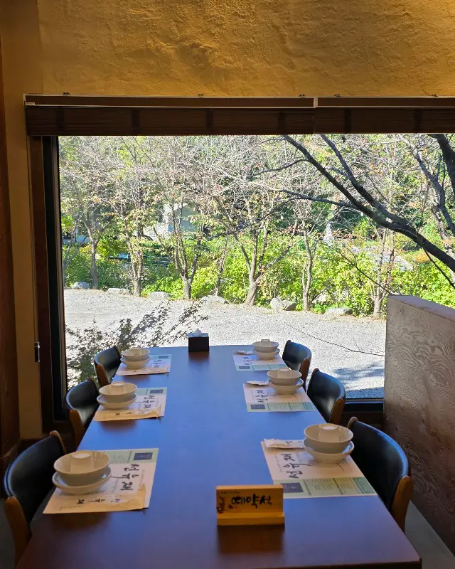 통창으로 보이는 숲 속 풍경