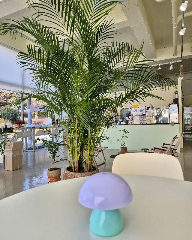 테이블 위에 놓인 버섯 모양의 조명