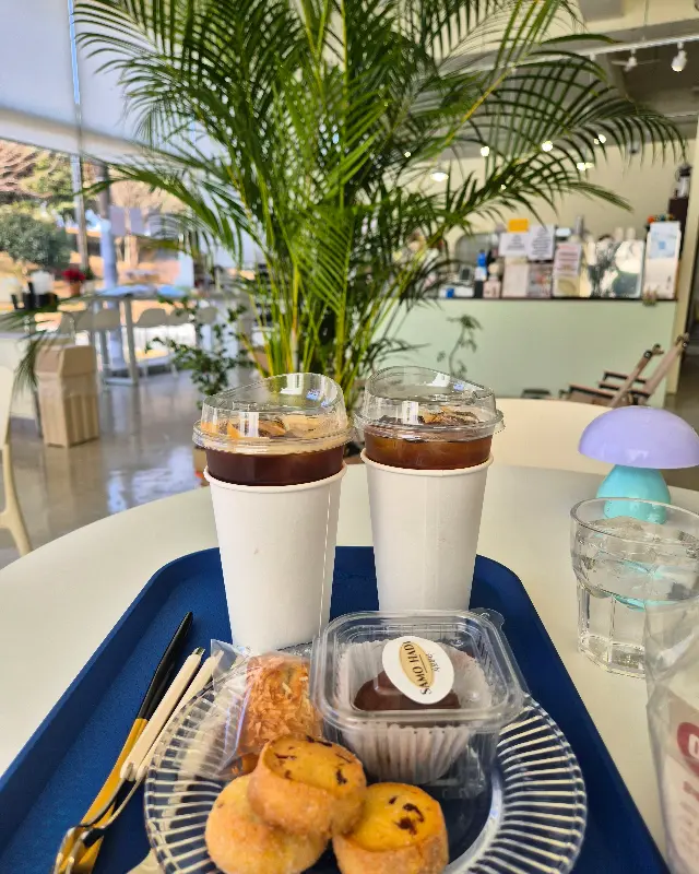 쟁반 위에 놓인 커피 두 잔과 디저트