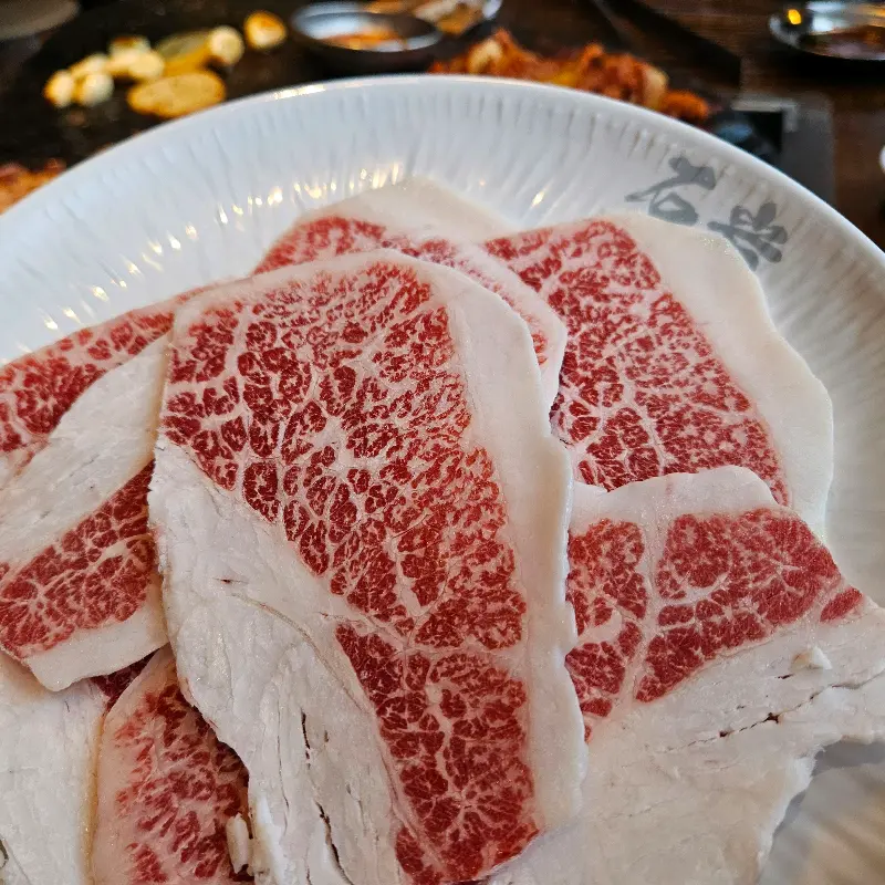 환상적인 마블링을 자랑하는 석암생소금구이의 생고기