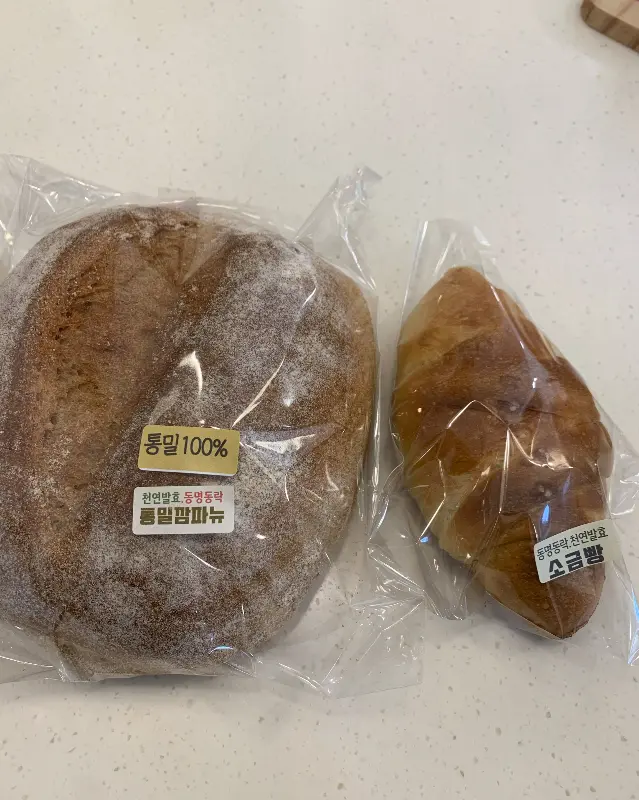 포장된 통밀빵과 소금빵