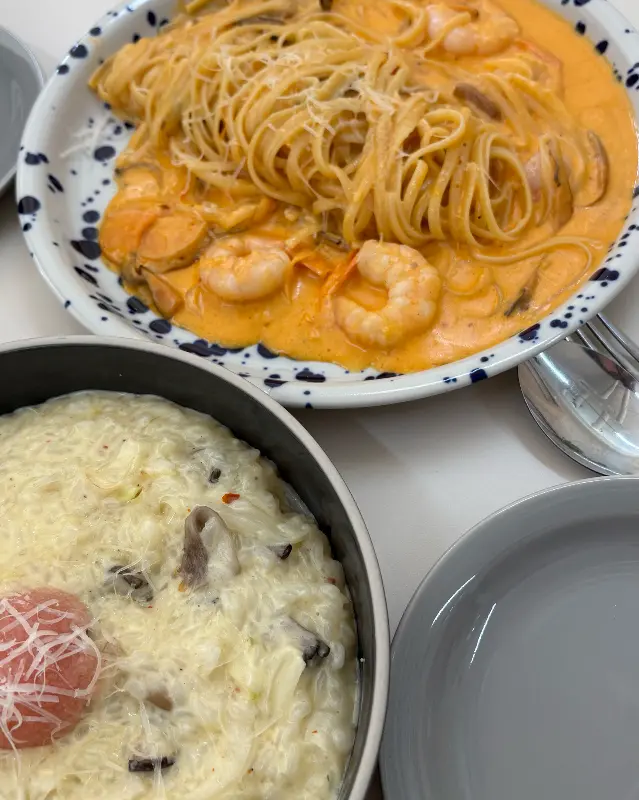 매콤 크림 쉬림프 파스타와 명란 크림 리조또