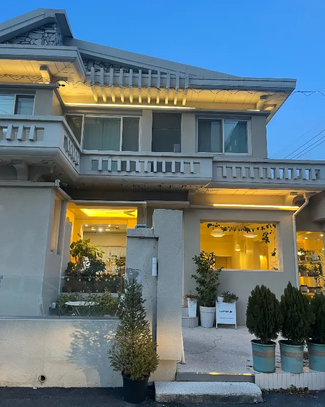 밤에 조명이 켜진 커피숲의 외관