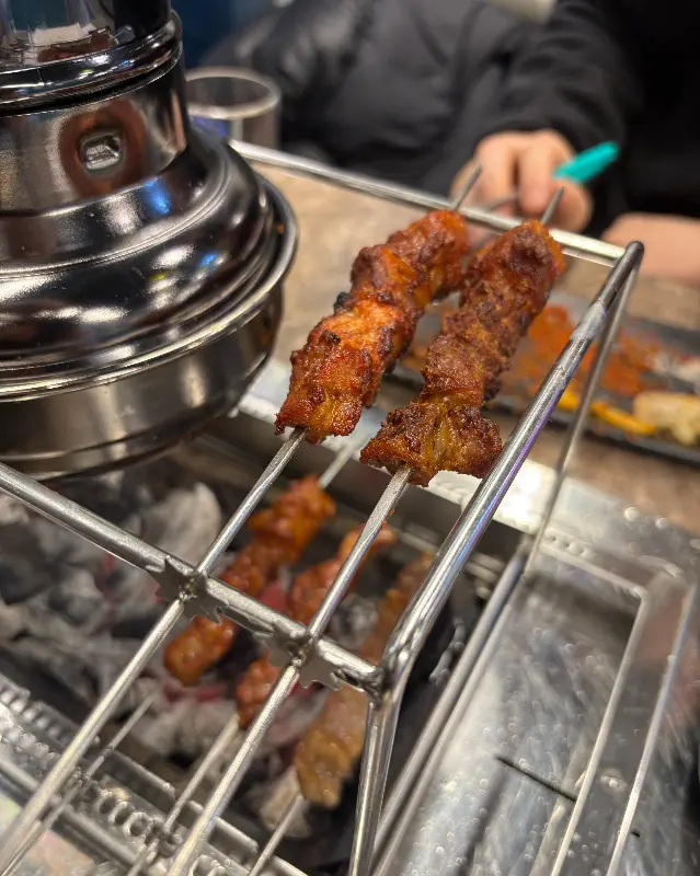 숯불에 구워진 양꼬치의 클로즈업