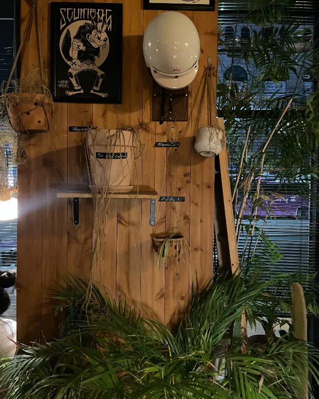 벽면에 걸린 독특한 소품들과 식물 인테리어가 인상적인 올드헤리티지 내부