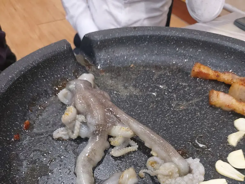 불판 위에서 익어가는 삼겹살과 싱싱한 낙지의 조화