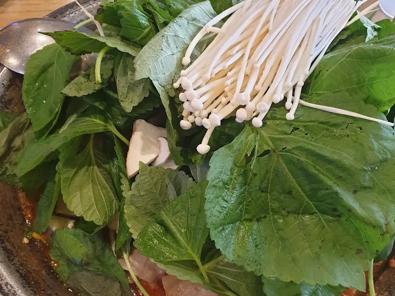 전골에 쑥갓과 팽이버섯이 가득 담긴 클로즈업 샷