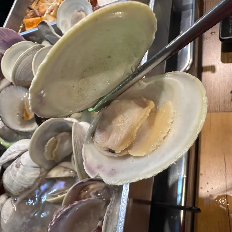 조개살을 집어 올리는 모습