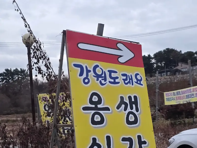 식당 앞에 세워진 간판의 모습. 빨간색 바탕에 '강원도래요 옹심이'라고 적혀 있다.