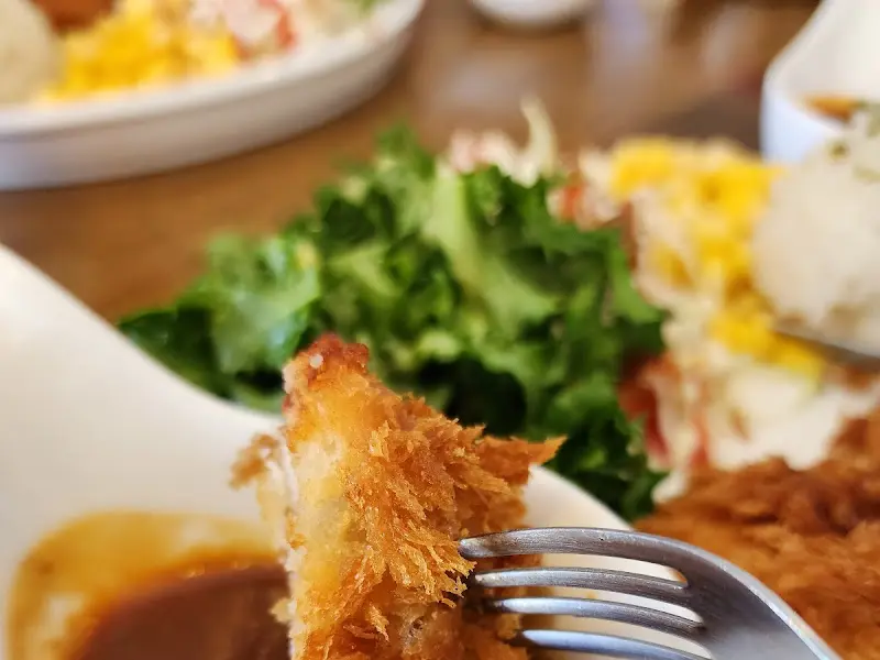 돈까스를 포크로 찍어 올린 클로즈업 사진