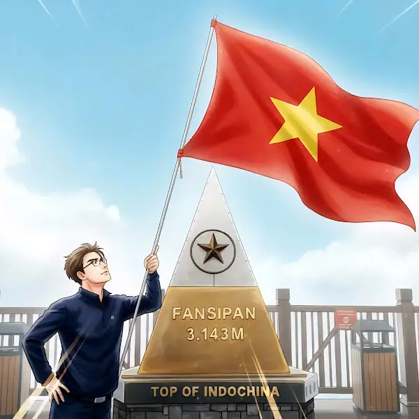 정상에 깃발을 꽂은 사람의 그림