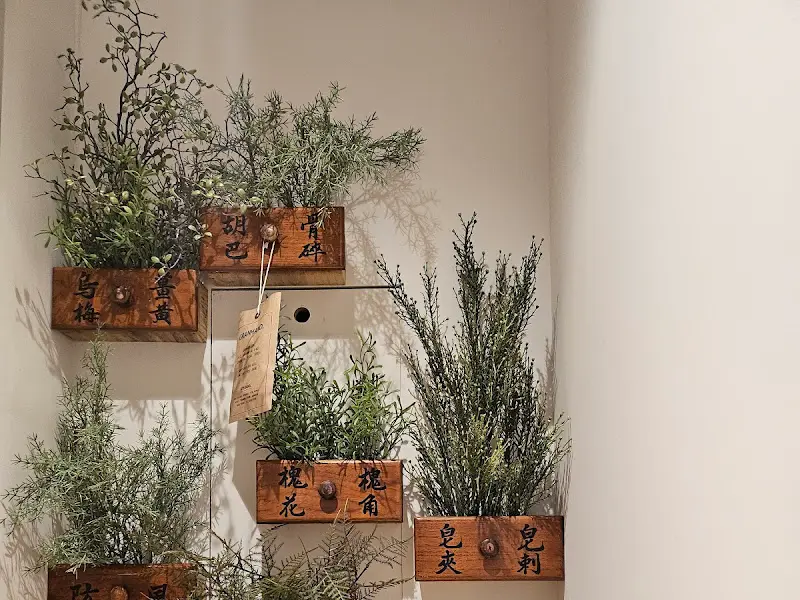 한약재 이름이 적힌 나무 상자 장식