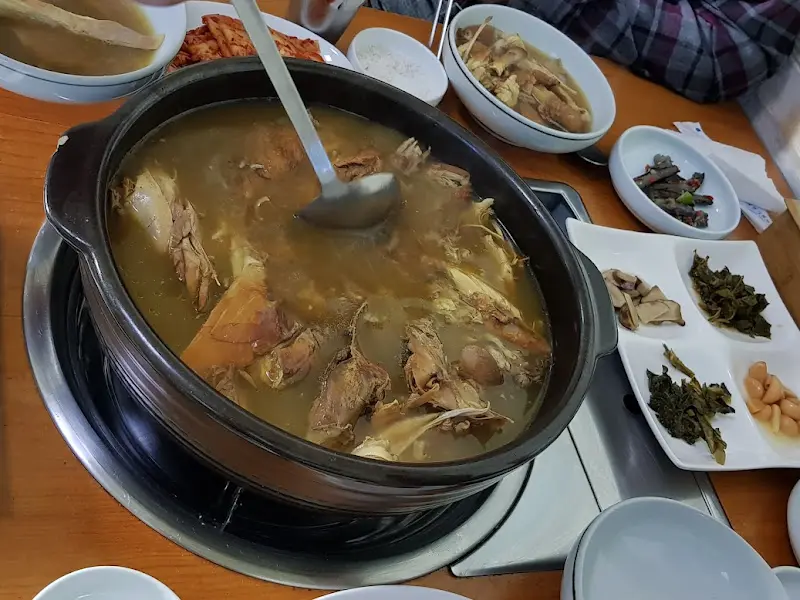 옻닭 국물 떠먹는 모습