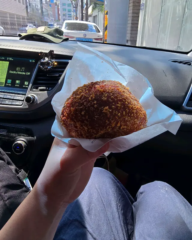 차 안에서 찍은 카레빵 사진