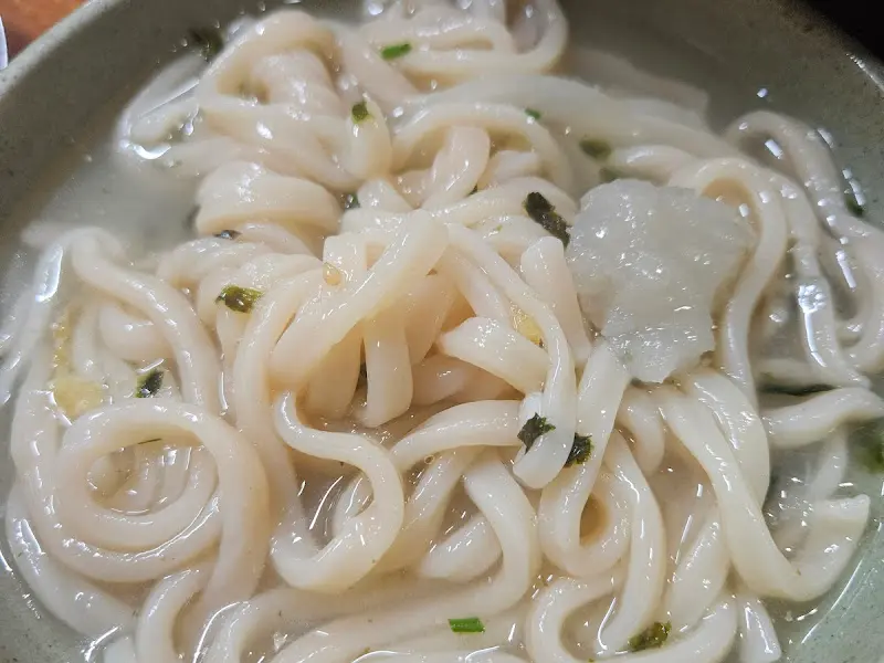 옹심이 칼국수의 클로즈업 사진. 옹심이와 면이 국물에 잠겨 있고, 파가 뿌려져 있다.