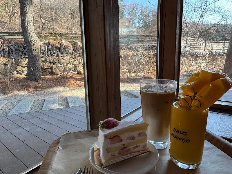 창밖 풍경과 함께 놓인 케이크와 음료