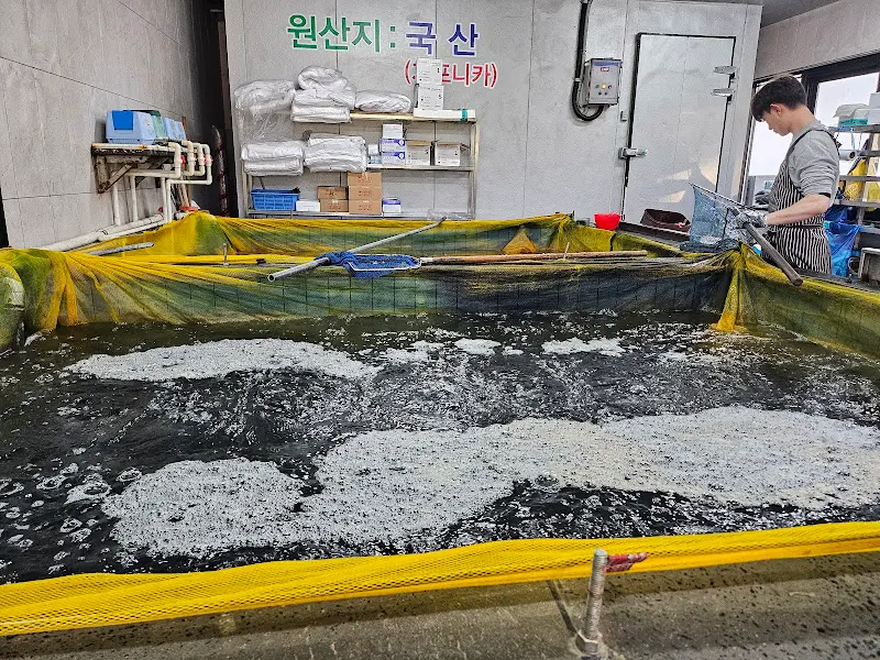 수족관에서 장어를 건져 올리는 모습