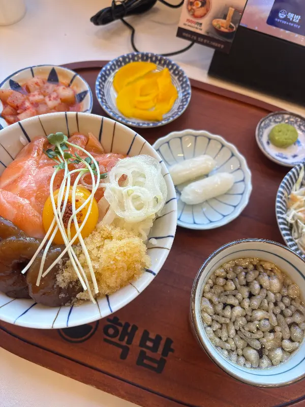 연어와 새우장의 조화가 돋보이는 덮밥