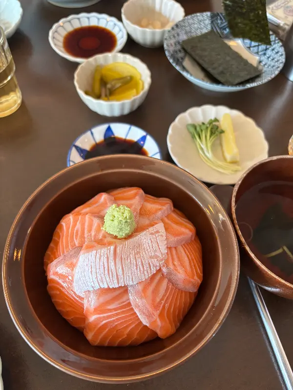 싱싱한 연어와 와사비, 무순의 조화가 돋보이는 사케동 클로즈업 사진