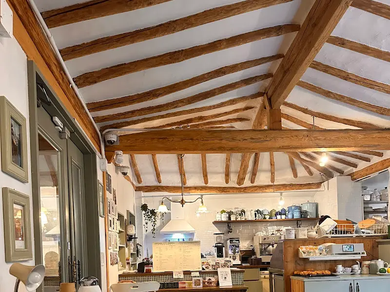 카페 내부의 천장 구조와 조명