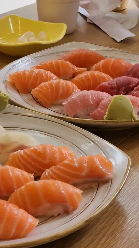 윤기가 흐르는 연어 초밥의 모습