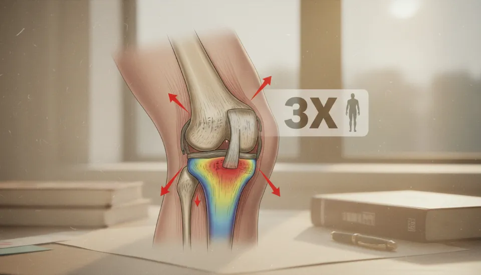 하산 시 무릎 관절에 가해지는 체중의 3배 하중과 연골 압박을 시각적으로 표현한 해부학적 인포그래픽