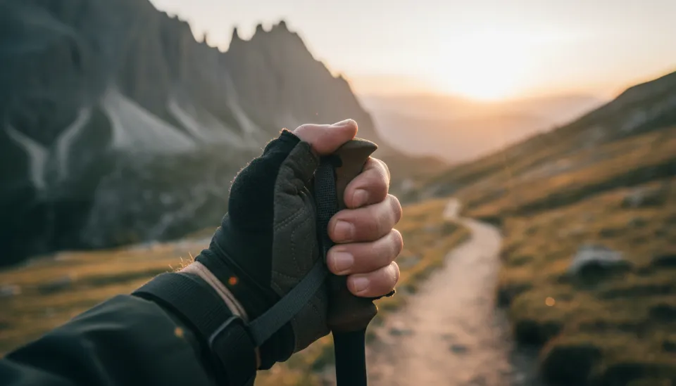 등산 스틱 스트랩을 손목 아래에서 위로 통과시켜 올바르게 파지하는 5060 등산객의 손 모양 클로즈업