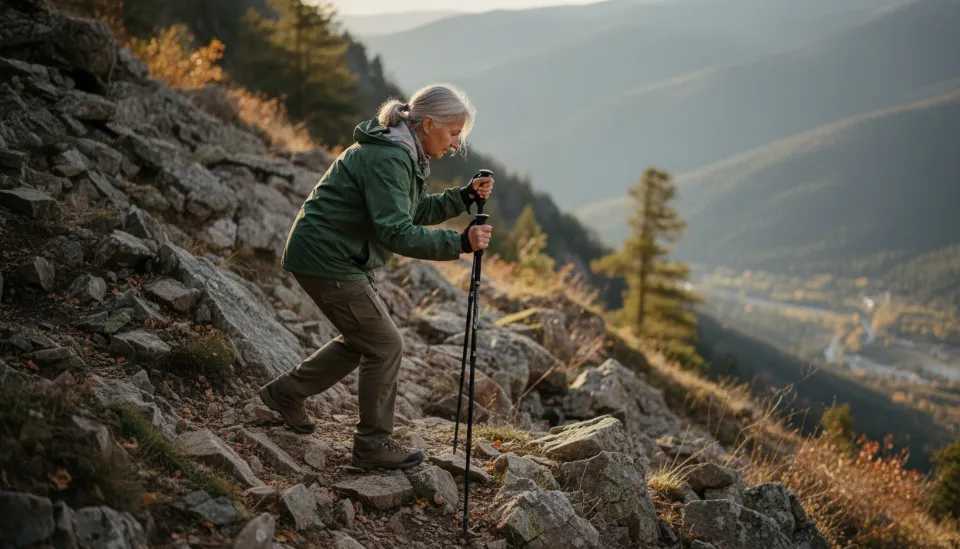 가파른 하산길에서 두 개의 등산 스틱을 동시에 짚고 무릎을 굽혀 충격을 흡수하며 내려오는 시니어 등산객의 전신 모습