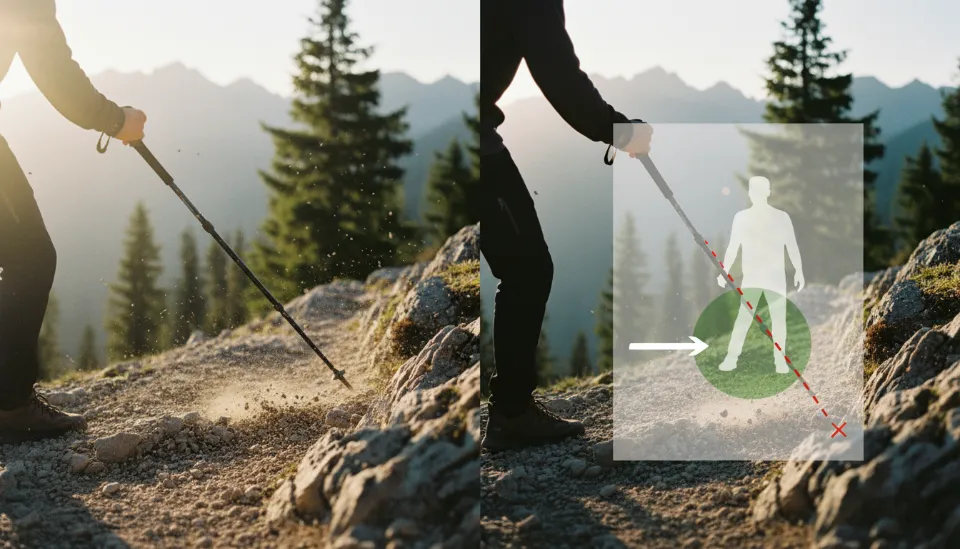 등산 스틱을 너무 멀리 짚어 미끄러지는 위험한 상황과 안전한 착지 범위를 비교한 주의사항 일러스트