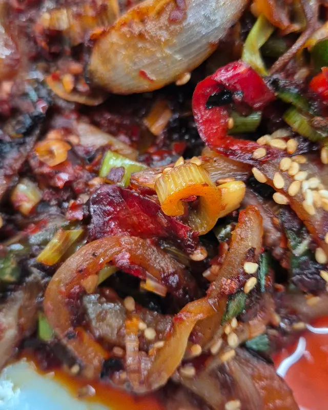 윤기가 자르르 흐르는 낙지볶음의 클로즈업 샷