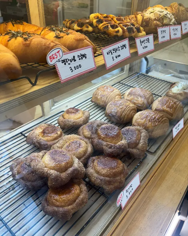 쇼케이스 안의 다양한 빵들