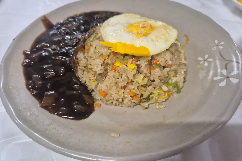 짜장 소스와 계란 프라이가 얹어진 볶음밥