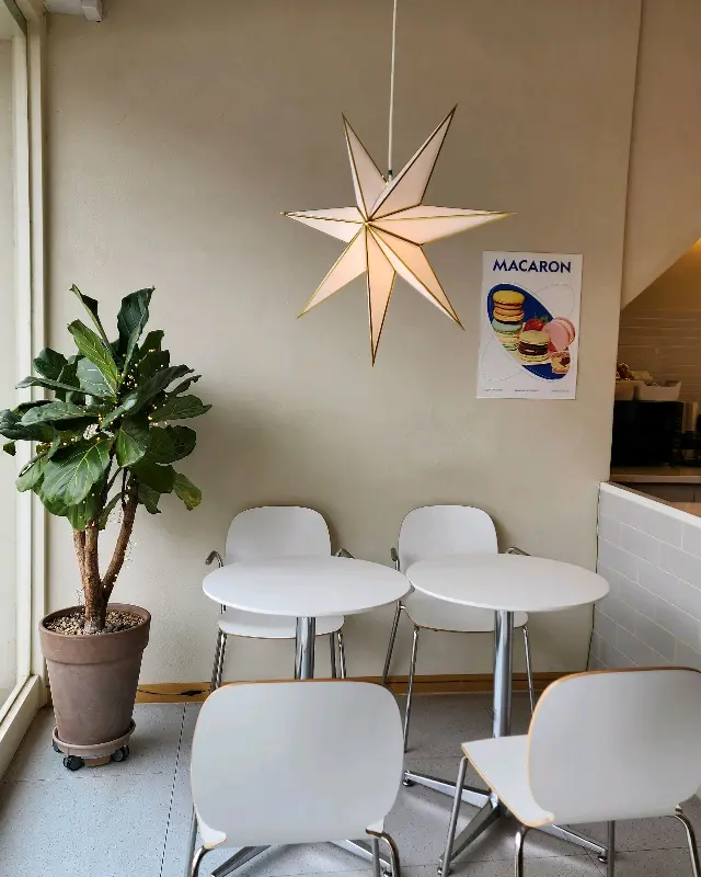 카페 내부의 아늑한 테이블과 의자