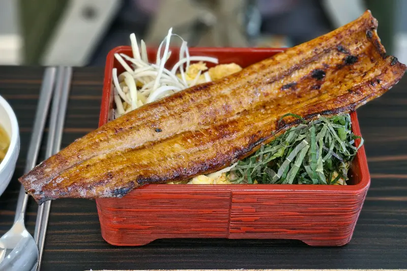 윤기가 흐르는 장어 한 마리가 밥 위에 통째로 얹혀 있는 장어덮밥