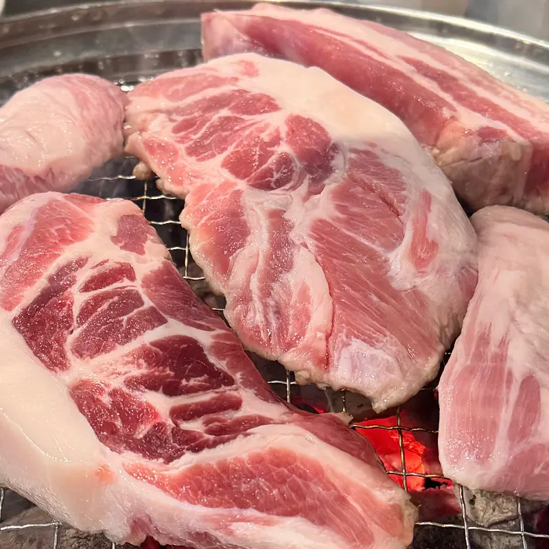 숯불 위에 올려진 신선한 고기