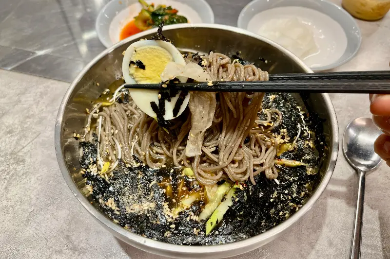 젓가락으로 메밀면을 들어올린 모습. 면발의 질감이 생생하게 느껴진다.