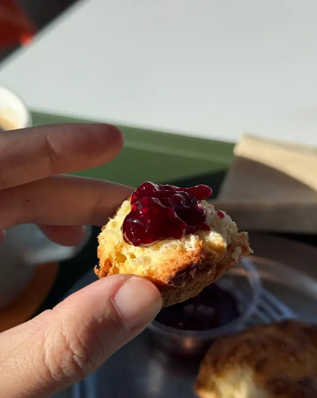 스콘 위에 라즈베리 잼