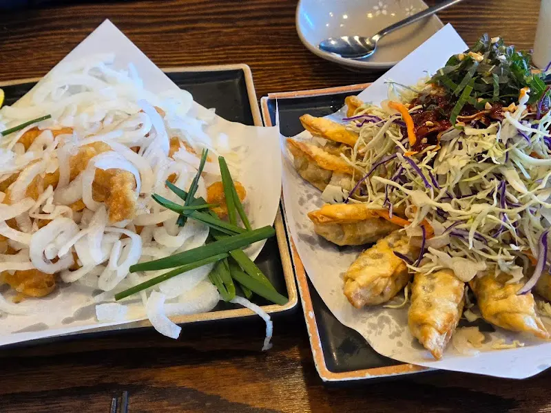 탕수육과 만두가 나란히 놓여 있다. 탕수육 위에는 양파 슬라이스와 파가 올려져 있고, 만두 위에는 채 썬 양배추와 당근이 올려져 있다.