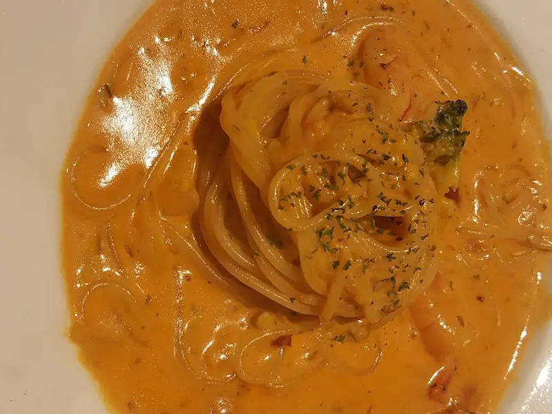 통새우 로제 파스타의 클로즈업 샷