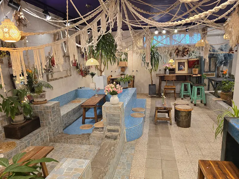 마크라메 장식과 식물로 꾸며진 카페 내부 공간
