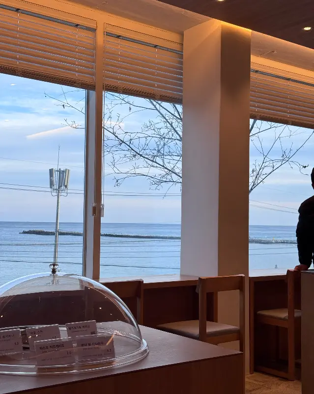 창밖으로 바다를 보며 여유를 즐기는 사람들