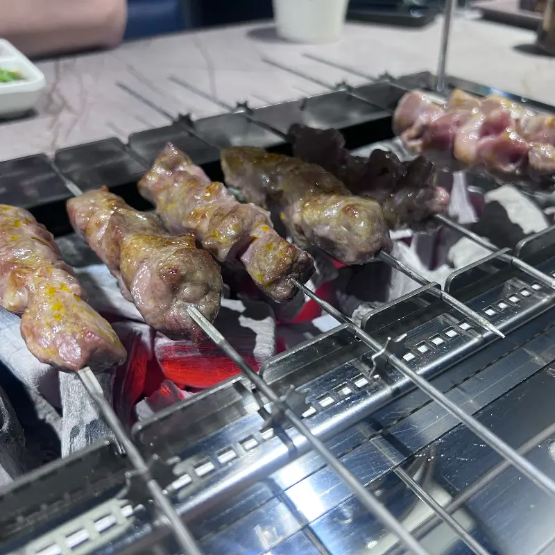 육즙 가득한 양꼬치의 클로즈업 샷