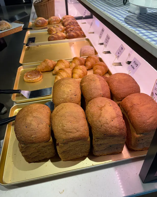 갓 구운 빵들이 먹음직스럽게 진열되어 있다