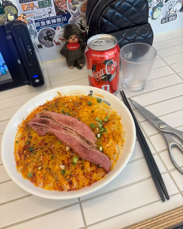 오코노미야끼 소스와 가쓰오부시가 곁들여진 오코노미야끼 교자