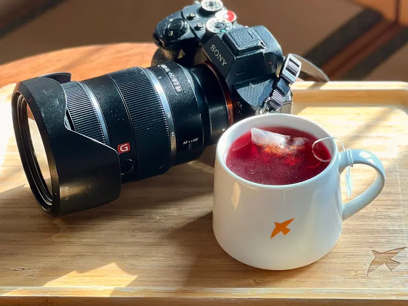 붉은 빛깔의 도쿄모모와 카메라