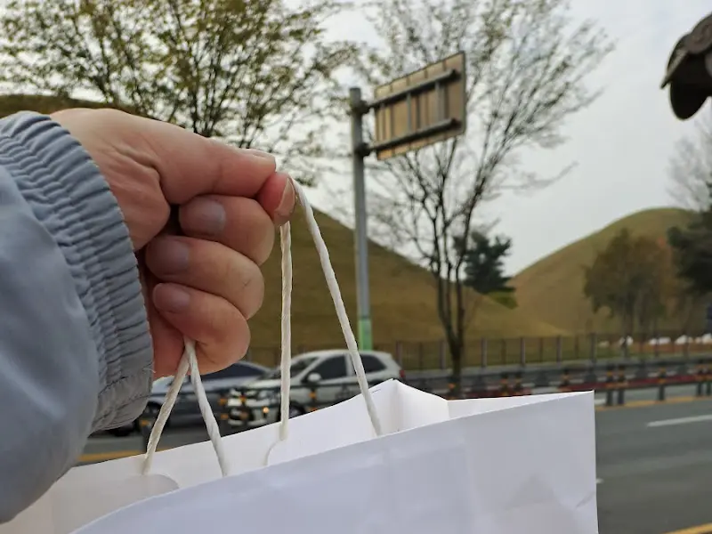 황남빵 포장 봉투를 들고 있는 모습