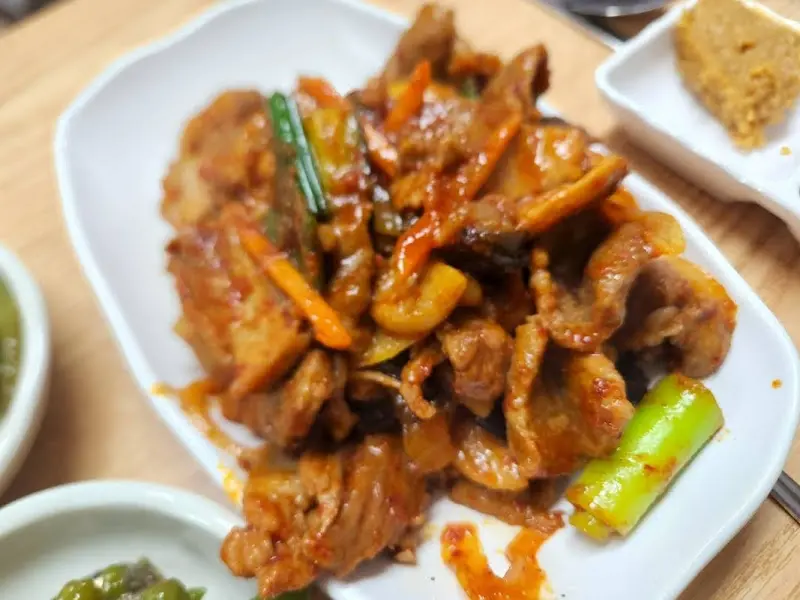 접시에 담긴 제육볶음 클로즈업 사진